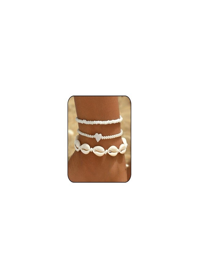 PINCHUAN 3PCS Boho Anklets for Women Summer Beach Women's Ankle Bracelets Beaded Anklet Bracelet Waterproof Beach Anklets Shell Starfish Anklet Foot Chain Jewelry for Women-3PCS/white - Image 1
